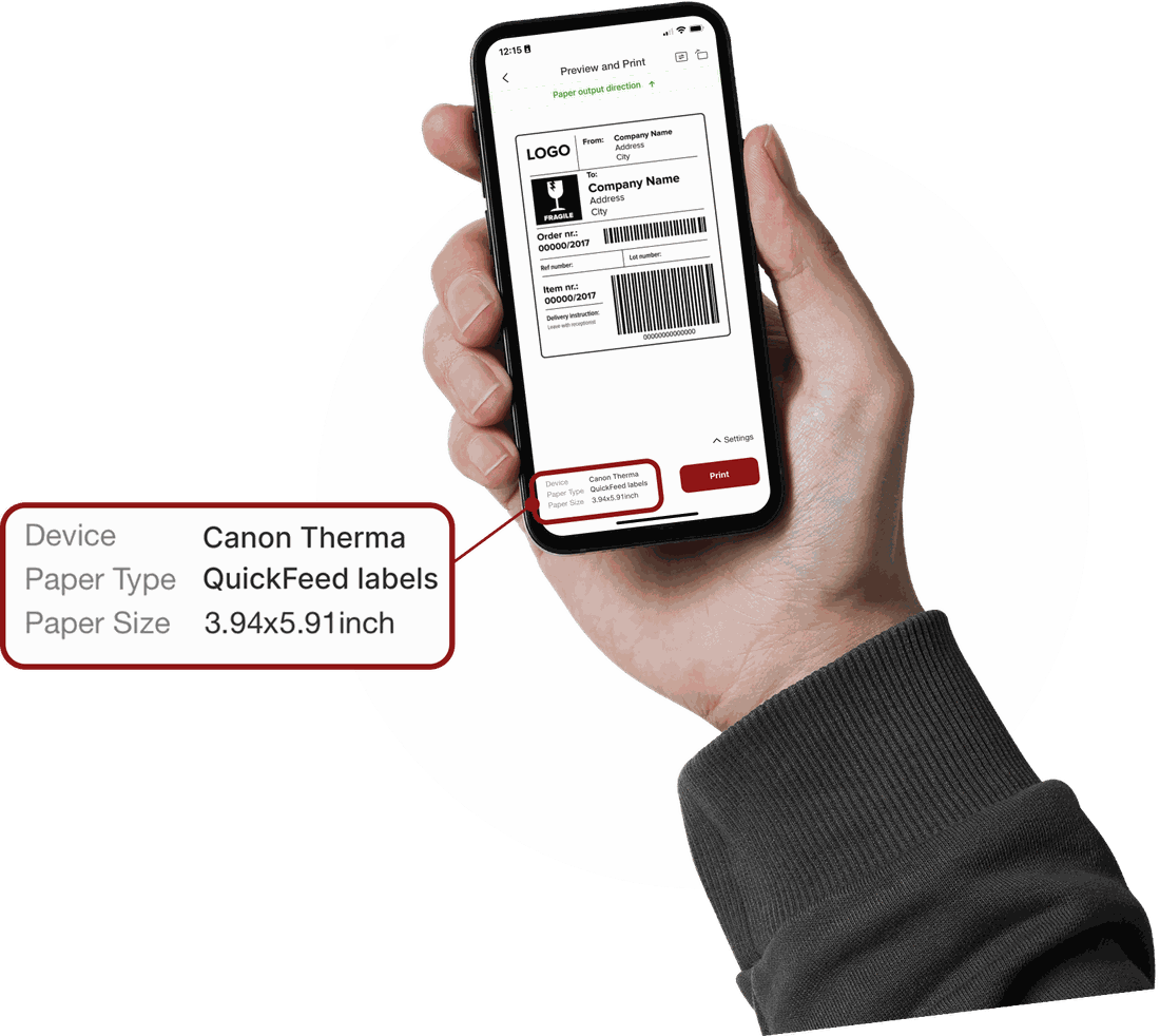 Auto-detected paper size shown in the Canon Printer App: device, paper type and paper size