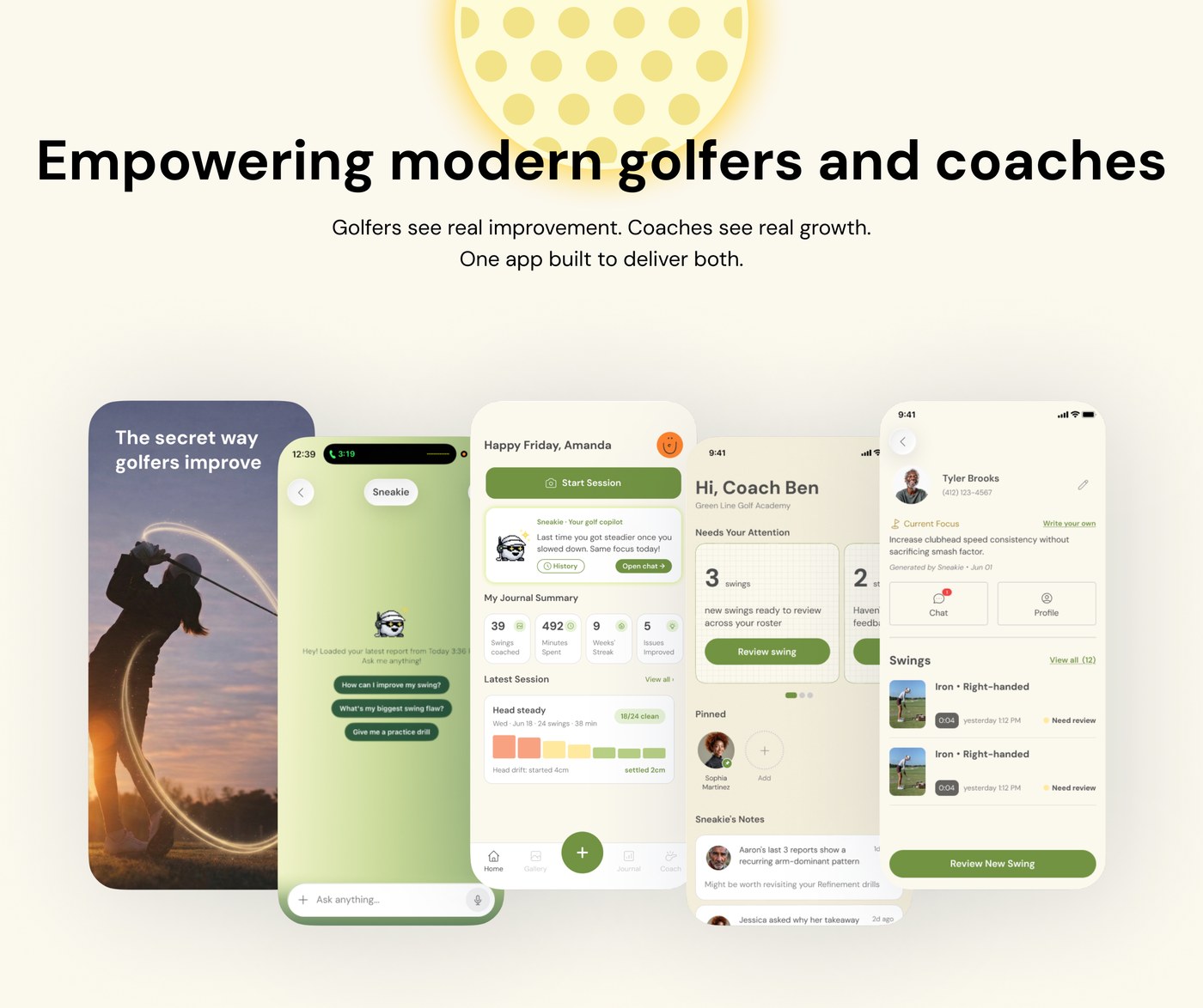 Perflection AI — empowering modern golfers and coaches: golfer journal, AI copilot, and coach roster screens