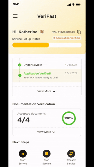 VeriFast app: a guided flow that decides whether to activate, stop or transfer service and routes to the right next step