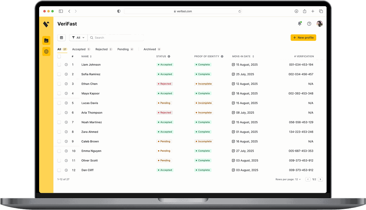VeriFast review dashboard: every application listed with status, proof of identity, move-in date and verification number